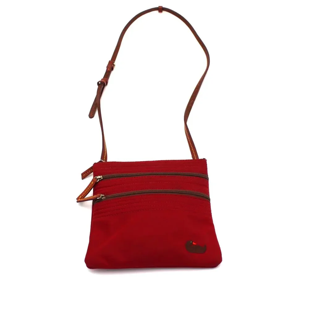 Dooney Bourke Triple Zip Crossbody Bag Red Nylon Leather Trim Travel Preppy